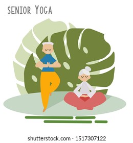 Happy Elderly couple is Practicing Yoga in the Garden with Calm and Relax Mind. Healthy lifestyle concept. Cartoon Grandma and Grandpa Flat Vector illustration.