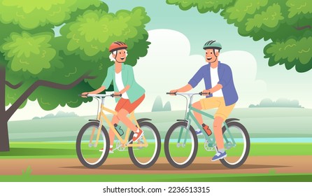 Feliz viaje en bicicleta a pareja de ancianos. Mayores en vacaciones activas. Los abuelos con cascos montan bicicletas deportivas fuera de la ciudad en la naturaleza. Ilustración vectorial en estilo plano