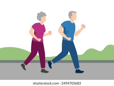 Happy elderly couple running at summer park vector flat illustration. Mature man and woman in sportswear having physical activity. Jogger pair practicing outdoor sport together.