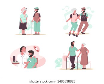 Happy Elderly Couple, Senior Health Checkup, Elder with Caregiver or Nurse Illustration Concept. Modern design concept.Vector illustration EPS 10
