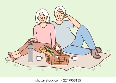 Happy elderly couple sit on picnic outdoors enjoy maturity. Smiling senior man and woman sitting on grass in park having lunch together. Vector illustration. 