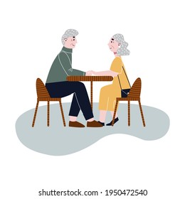 Happy elderly couple sitting in a cafe. Old couple on date. Flat vector illustration.