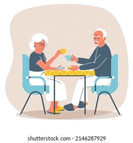 Schönes älteres Ehepaar, das am Café-Tisch sitzt, Vektorgrafik. Lächeln reife Mann und Frau trinken Kaffee oder Tee zusammen einzeln.
