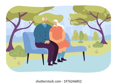 Happy elderly couple sitting on bench in park. Old cartoon characters spending time outside flat vector illustration. Love, relationship, family concept for banner, website design or landing web page