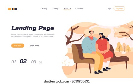 Happy elderly couple sitting on bench in park. Old cartoon characters spending time outside flat vector illustration. Love, relationship, family concept for banner, website design or landing web page