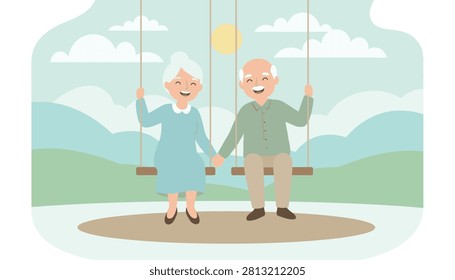 Happy elderly couple sitting on swings and holding hands in a peaceful park representing lifelong love and romance.