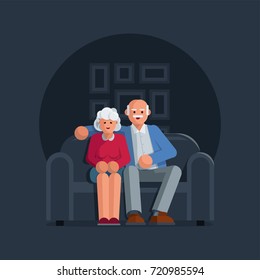 Happy elderly couple sitting on a sofa together. Vector character illustration.
