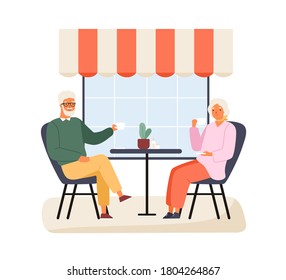 Happy elderly couple sitting at table of summer outdoor cafe vector flat illustration. Smiling mature man and woman drinking coffee or tea together isolated. Family talking spending time at cafeteria