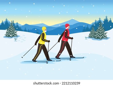 Happy Elderly Couple Is Skiing. Active Seniors. Winter Outdoor Sports. Vector Illustration In A Flat Style.