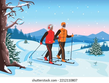 Happy elderly couple is skiing. Active seniors. Winter outdoor sports. Vector illustration in a flat style.