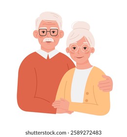 Happy elderly couple smiling and embracing. Senior love and togetherness concept. Vector illustration isolated