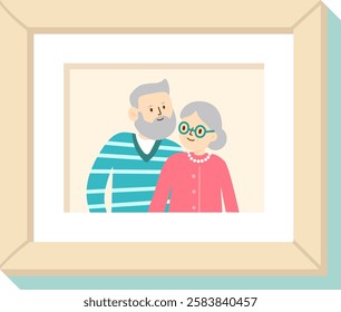 Happy elderly couple smiling together in a simple wooden frame, celebrating their enduring love and companionship, capturing cherished moments of their life journey and shared memories