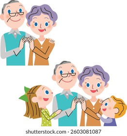 Happy elderly couple smiling together with their grandchildren
