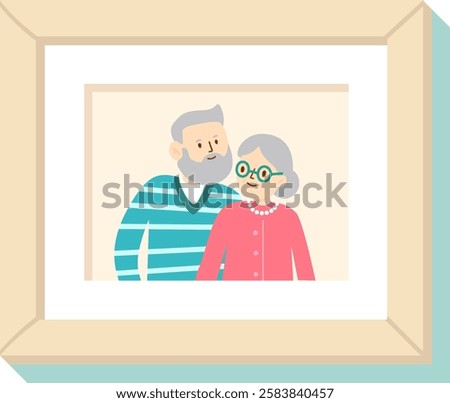 Happy elderly couple smiling together in a simple wooden frame, celebrating their enduring love and companionship, capturing cherished moments of their life journey and shared memories