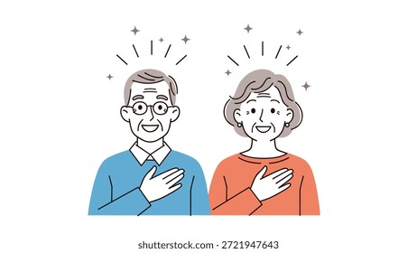 Casal de idosos feliz sorrindo calorosamente e colocando as mãos no peito para expressar gratidão e sincero contentamento juntos.