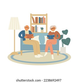 Feliz libro de lectura de pareja de ancianos pasando juntos a tiempo completo. Vieja y hombre relajándose sentados en un sofá en casa. Ilustración vectorial plana