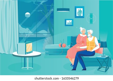 Happy Elderly Couple Spends Time Together at Tv. Husband and Wife Sit Close Together on Couch and Watch TV. Woman Put Down her Knitting and Drew Attention to her Life Partner, Flat Banner.