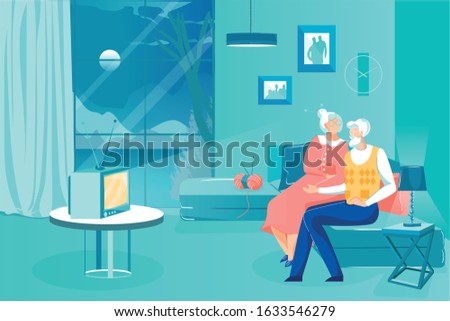 Happy Elderly Couple Spends Time Together at Tv. Husband and Wife Sit Close Together on Couch and Watch TV. Woman Put Down her Knitting and Drew Attention to her Life Partner, Flat Banner.