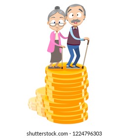 Happy elderly couple standing on standing on stack of big gold coins. Retirement savings and financial success in old age. Successful rich pensioners with gold coins. Pension plan vector illustration