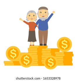 Happy elderly couple standing on stack of coins. Retirement saving and financial success in old age. Successful rich pensioners with gold coins. Wealth pension plan vector illustration.