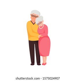 Happy elderly couple standing together. Cute senior lovers hugging.  Elderly wife and husband spending time together. Male and female cartoon characters. Grandmother and grandfather are cuddling 