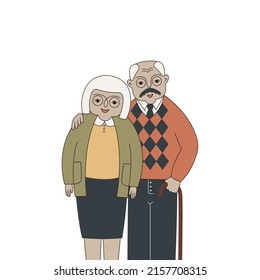 A happy elderly couple is standing together. Seniors smile. The husband hugs his wife. Vector illustration.