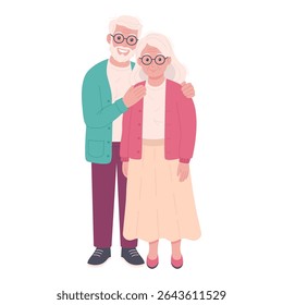 Happy elderly couple standing together. Flat vector cartoon of smiling senior man and woman in cozy clothes showing affection and closeness. Isolated on white background