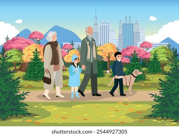 Feliz pareja de ancianos, sus nietos y perro caminando en el parque de otoño. Estilo de vida activo. Belleza de la naturaleza otoñal. Ilustración vectorial sobre fondo abstracto.