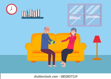 Happy Elderly Couple Vector Concept: Old Couple Eating Popsicle  With Joy In The Living Room