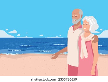 Happy elderly couple walking along the beach by the sea. Grandfather hugs grandmother on the background of the sea landscape. active pensioners. Summer rest. Vector illustration in a flat style.