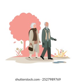 Happy elderly couple walking in autumn park. Active lifestyle. Beauty of autumn nature. Vector illustration on abstract background.