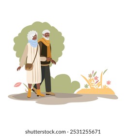 Happy elderly couple walking in autumn park. Active lifestyle. Beauty of autumn nature. Vector illustration on abstract background.