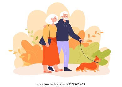 Happy elderly couple walking cute dog together. Old or senior people with pet in park flat vector illustration. Retirement, pets, sports concept for banner, website design or landing web page