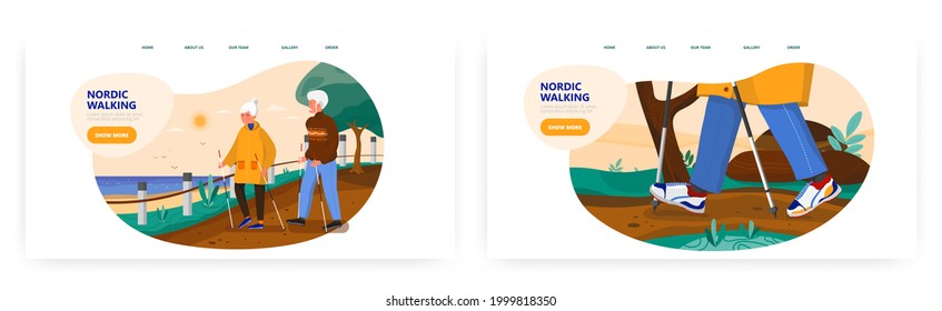 Happy elderly couple walking with nordic poles. Landing page design, website banner vector template set.