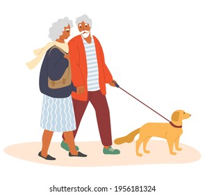 Happy Elderly Couple Walking With Pet Dog, Flat Vector Illustration. Senior People Active Lifestyle, Outdoor Leisure Activity.