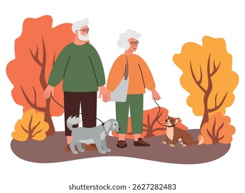 Happy elderly couple walking with their dogs in the park. Old or senior people with pets in autumn park, vector illustration. Ideal for banners, web design, postcards, concept of happy and active old 