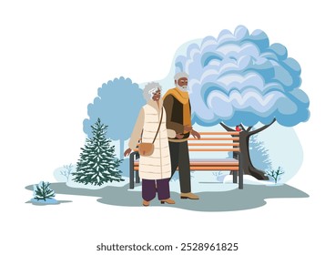 Happy elderly couple walking in winter park. Active lifestyle. Beauty of winter nature. Vector illustration on abstract background.