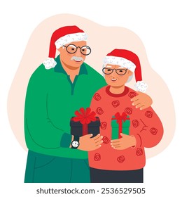 Casal idoso feliz deseja um feliz Natal.Homem e mulher de cabelos grisalhos segurando presentes em suas mãos.Abraçando personagens em santa hats.Vetor ilustração de cor plana isolado no branco.