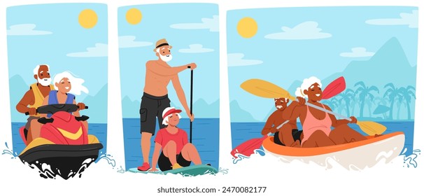 Happy Elderly Couples Enjoying Outdoor Adventures On A Sunny Day. Old Male and Female Characters Feature Jet Skiing, Paddle Board And Kayaking Activities By The Sea. Cartoon People Vector Illustration