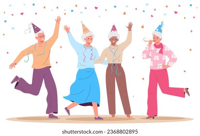 Happy elderly dancing with their friends and having fun in a cheerful mood. The concept of a healthy lifestyle and active old age.