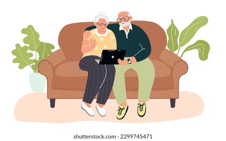 Happy elderly family couple with a laptop sit on the sofa.Gray-haired characters communicate with someone online.Man hugs a woman.Relatives in glasses.Vector  flat illustration on white background.