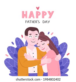 Happy elderly father and daughter hugging. Bright vector illustration in flat cartoon style on the theme of father's day.