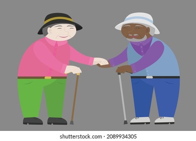 Happy elderly gay couple holding hands, vector drawn on a gray background