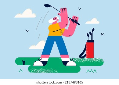 Happy elderly grandmother enjoy maturity play golf on court outdoors. Smiling mature man in sportswear have fun do sports outside. Physical healthy lifestyle. Vector illustration. 