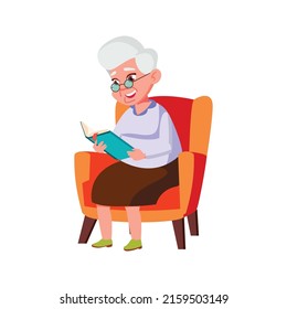 happy elderly lady sitting in living room armchair and reading interesting book cartoon vector. happy elderly lady sitting in living room armchair and reading interesting book character