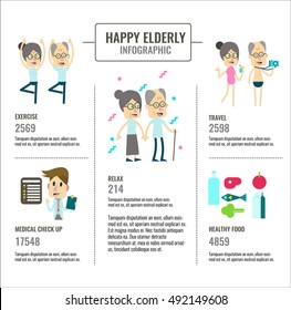 Happy Elderly living info graphics. flat character design. vector illustration