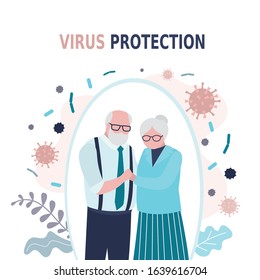 Happy elderly love couple. Old people characters is protected from viruses and diseases. Good immunity, vaccination and a healthy lifestyle. Aged humans family in trendy style. Vector illustration