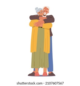 Happy Elderly Male and Female Characters Hugging. Loving Aged Couple Romantic Relations. Senior Man Embrace Woman from Back, Love Feelings, Romance Emotions. Cartoon People Vector Illustration