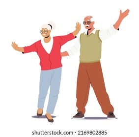 Happy Elderly Male and Female Characters Dance Together. Loving Aged Couple Romantic Relations. Senior Man and Woman Moving Body, Love Feelings, Romance Dating. Cartoon People Vector Illustration