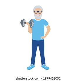 Happy Elderly Man With Barbell Icon Vector. Cheerful Old Man Exercise Hold Dumbbell Vector. Senior Fitness Exercise Icon Isolated On A White Background